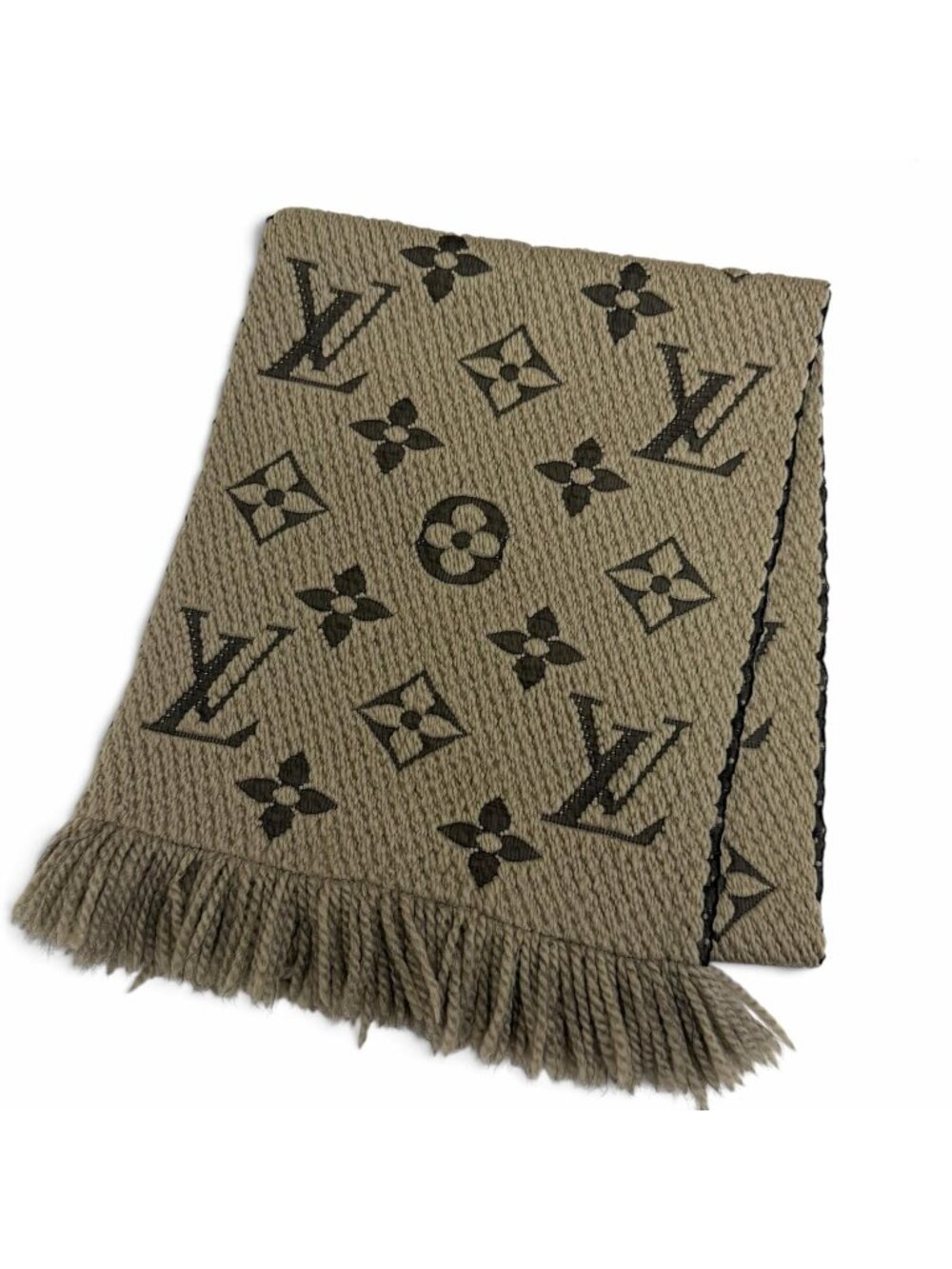 Louis Vuitton Logomania Scarf Wool Silk Fringe Greige